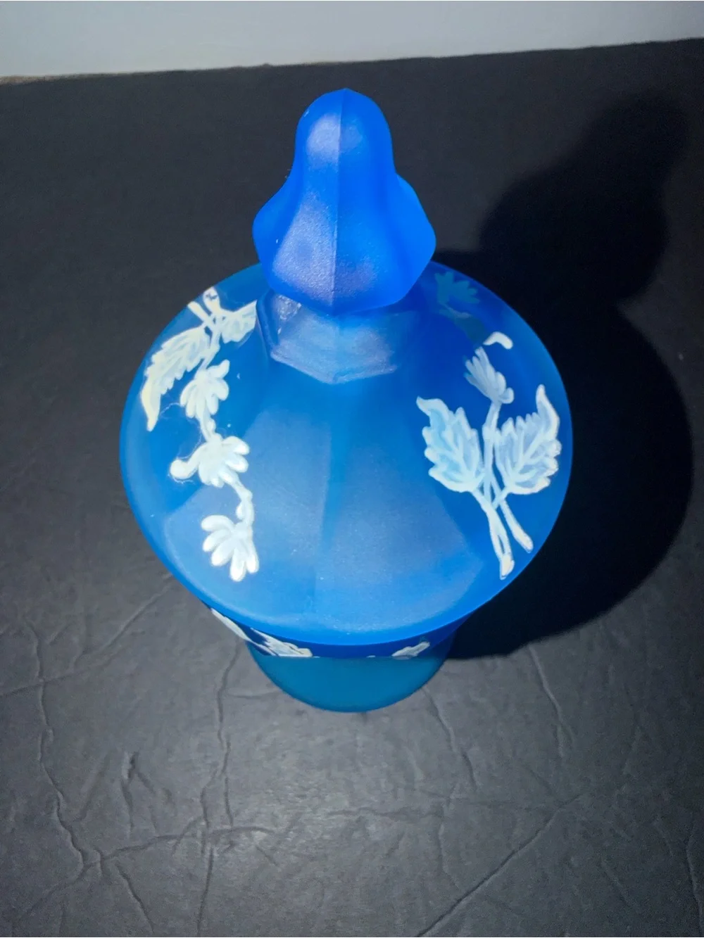Blue Frosted Glass Apothecary Jar Lidded Hand-Painted White Daisies WESTMORELAND
